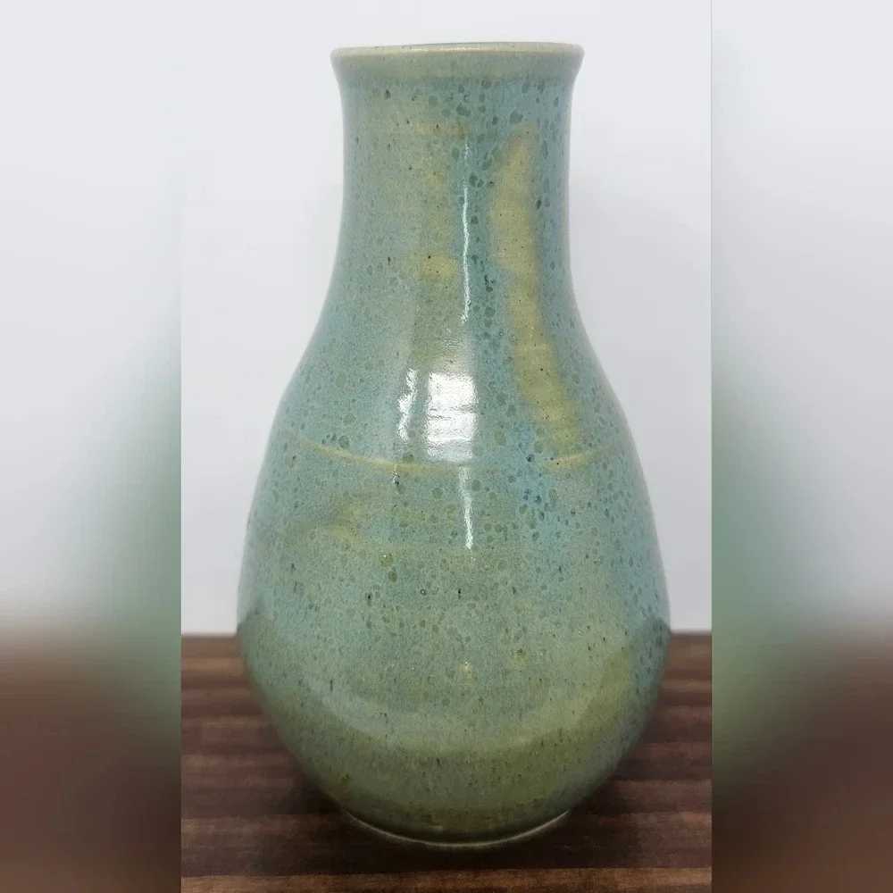 Handmade Pottery Vase Signed By Lana? Green Blue Textured Floral Detailed 6x3